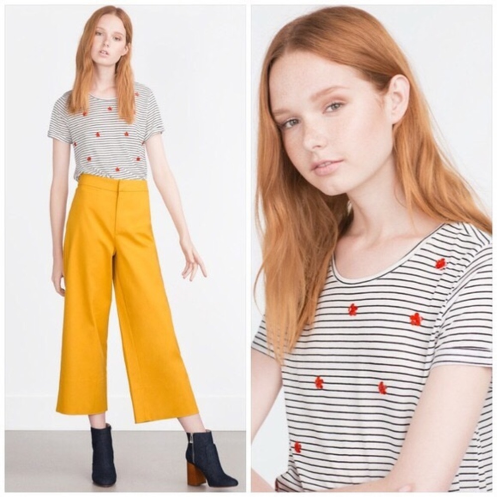 🆕 Zara stripe floral appliqué tee shirt top